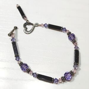 Silver tone Purple Goldstone Faceted Crystal Bead Bracelet Handmade Y2K Vintage